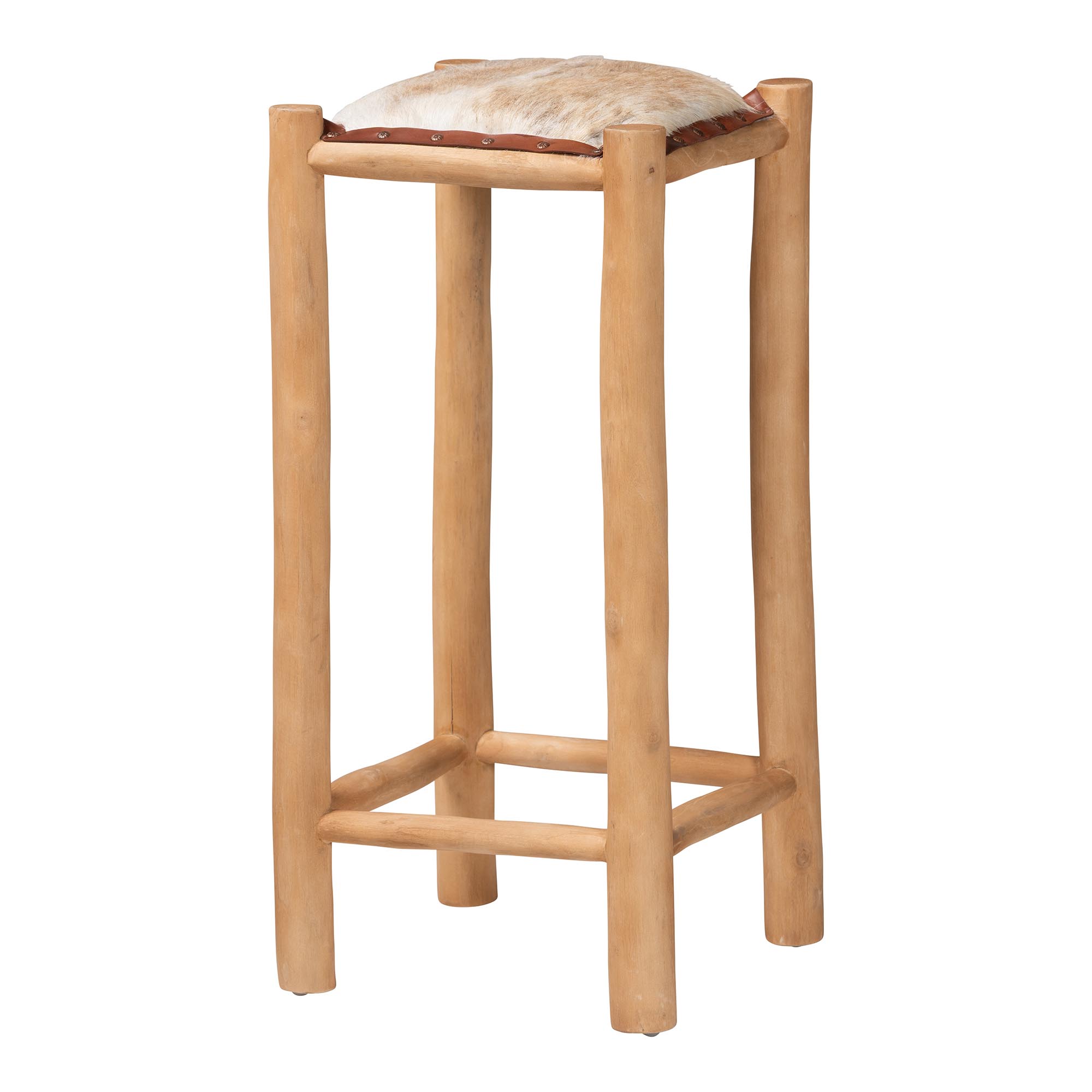 bali & pari Rivera Genuine Goat Leather Bar Stool - Rustic Boho Seating with Teak Wood Frame and Natural Hide Upholstery